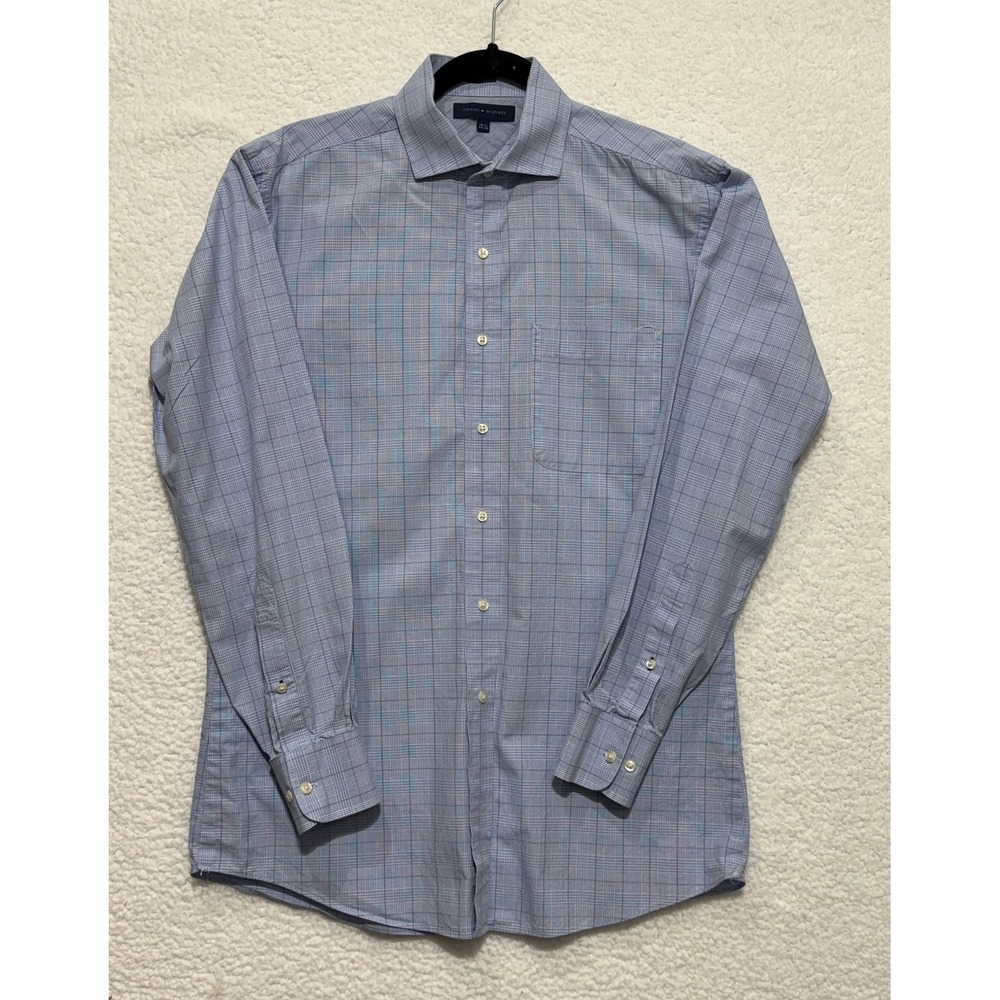 Tommy Hilfiger Men's Dress Shirt Blue Plaid Button Down Long Sleeve Size 15 15.5
